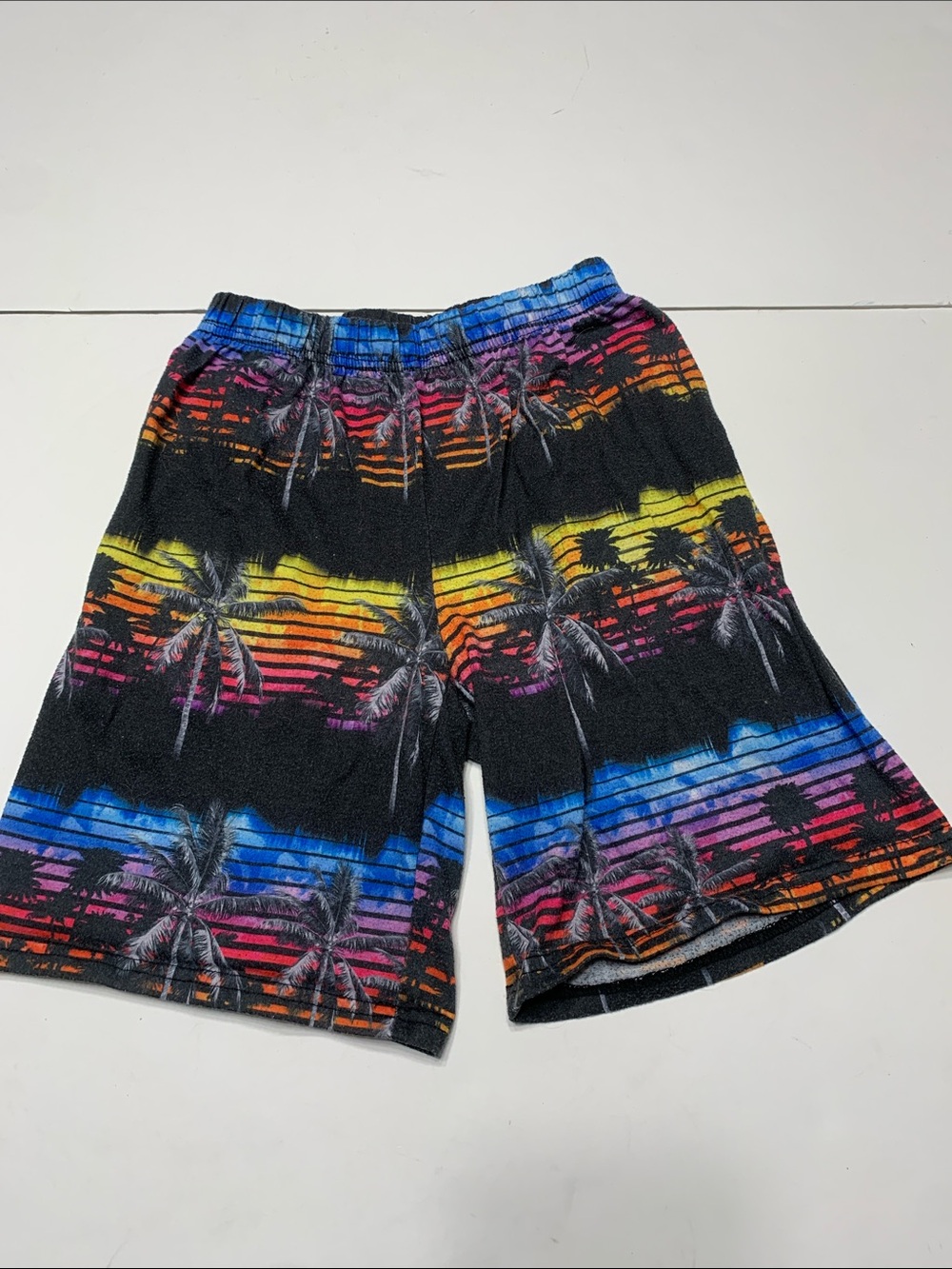 Kids Tropical Stripe Pajama Shorts in Black with Multicolor Sunset Print